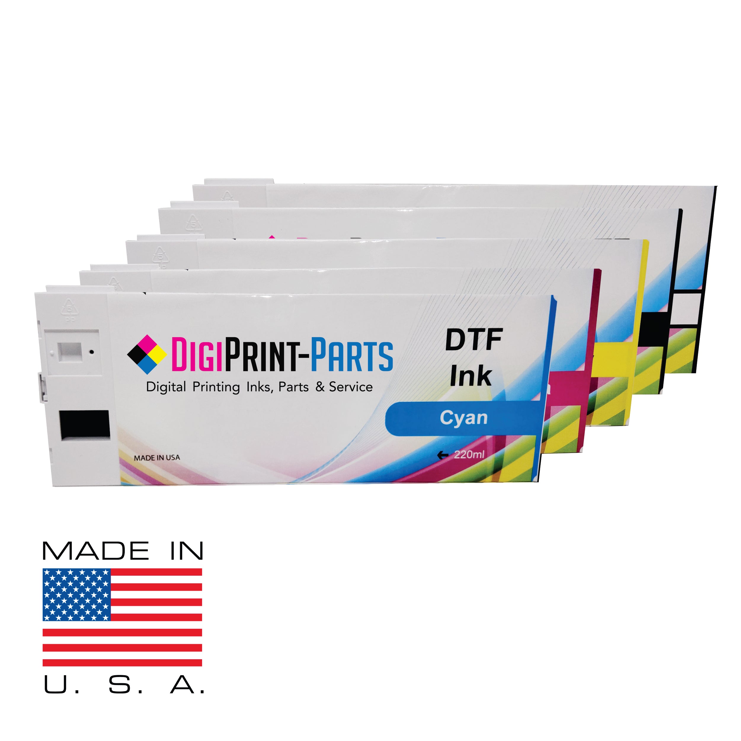 DigiPrint Parts DTF ink pouches in multiple colors with Made in USA graphic