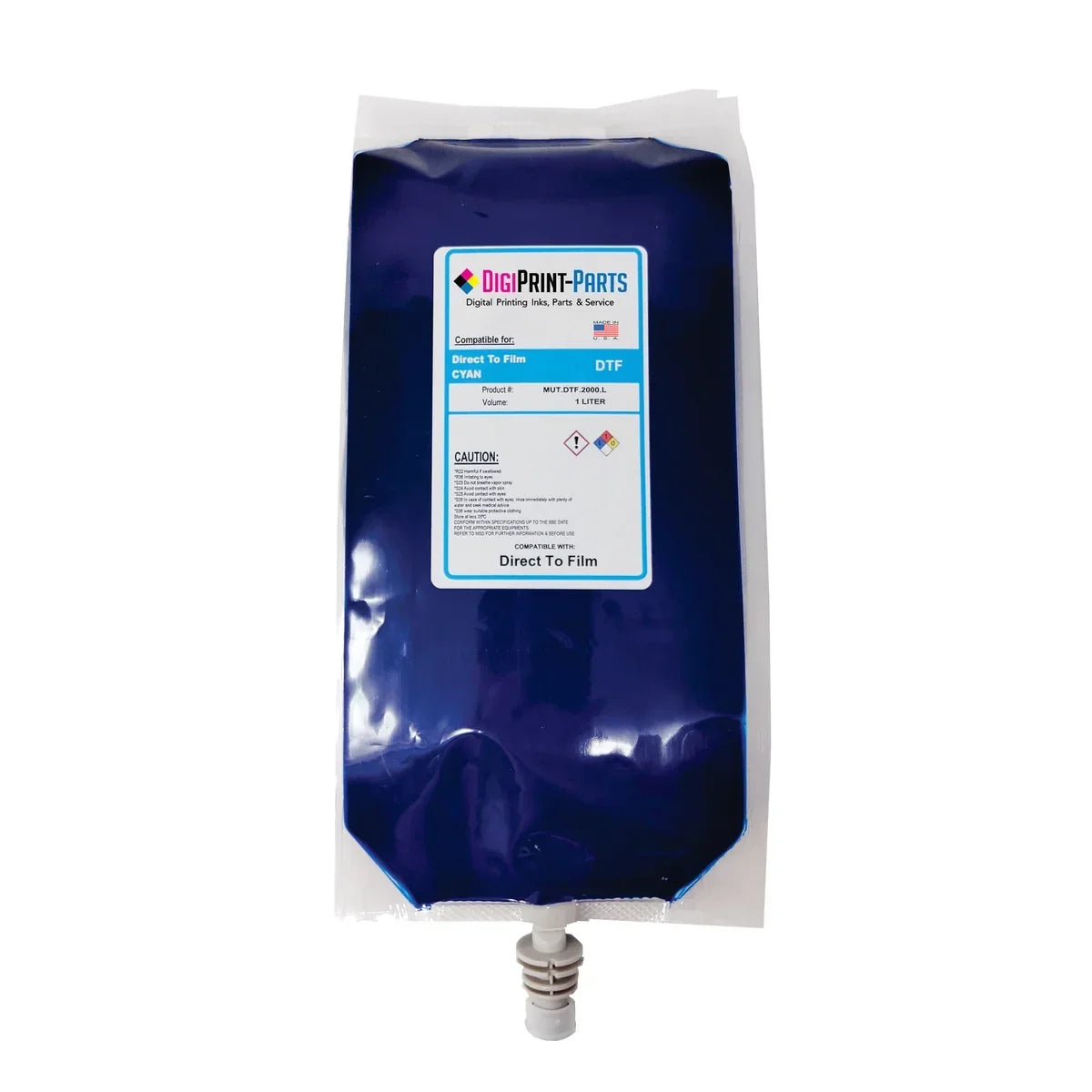 DigiPrint-Parts 1-liter cyan DTF ink refill bag for direct-to-film printing applications.