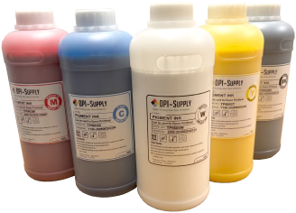 DPI Supply DTF ink bottles in cyan, magenta, yellow, white and black