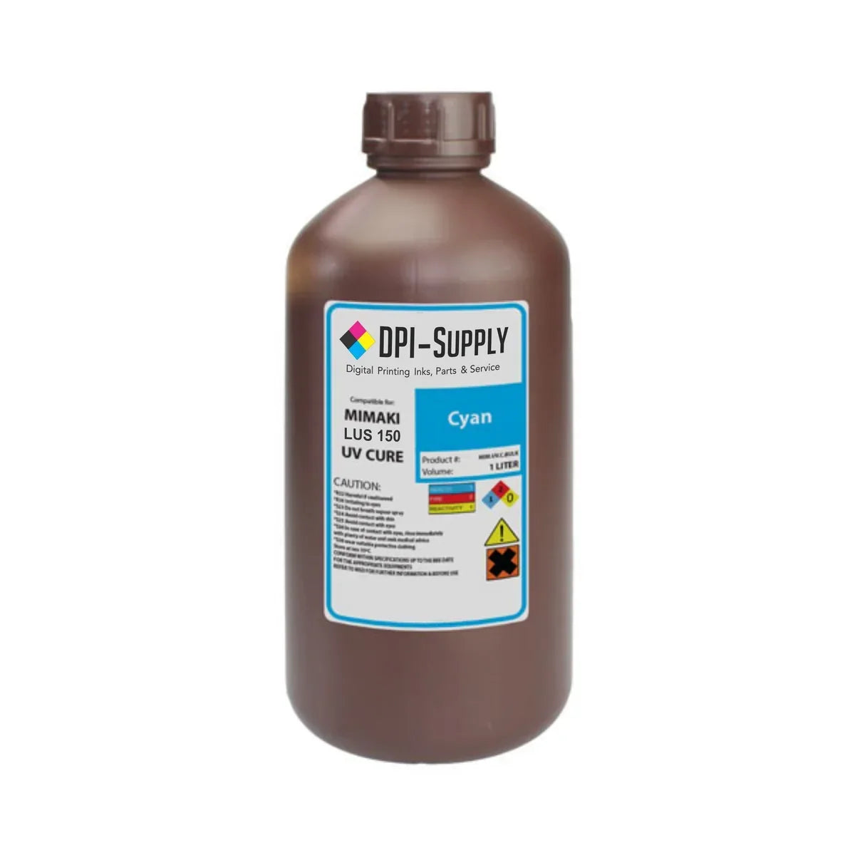 DPI Supply Mimaki LUS-150 cyan UV cure ink in a 1-liter bottle for compatible Mimaki UV printers.