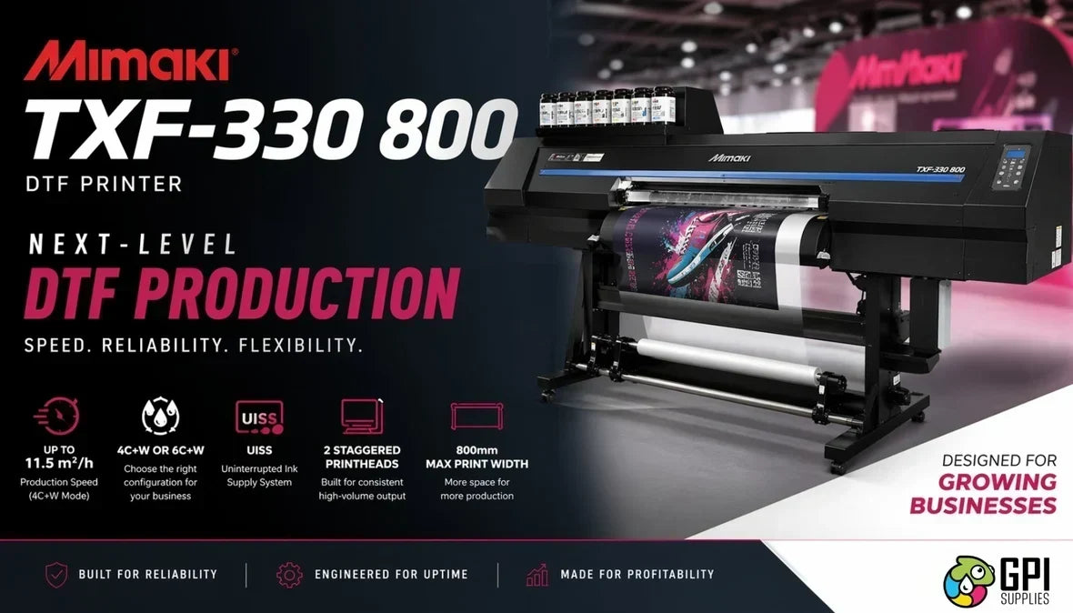 Mimaki TxF-330 800 DTF printer highlighting high-speed production, reliability, and 800 mm print width